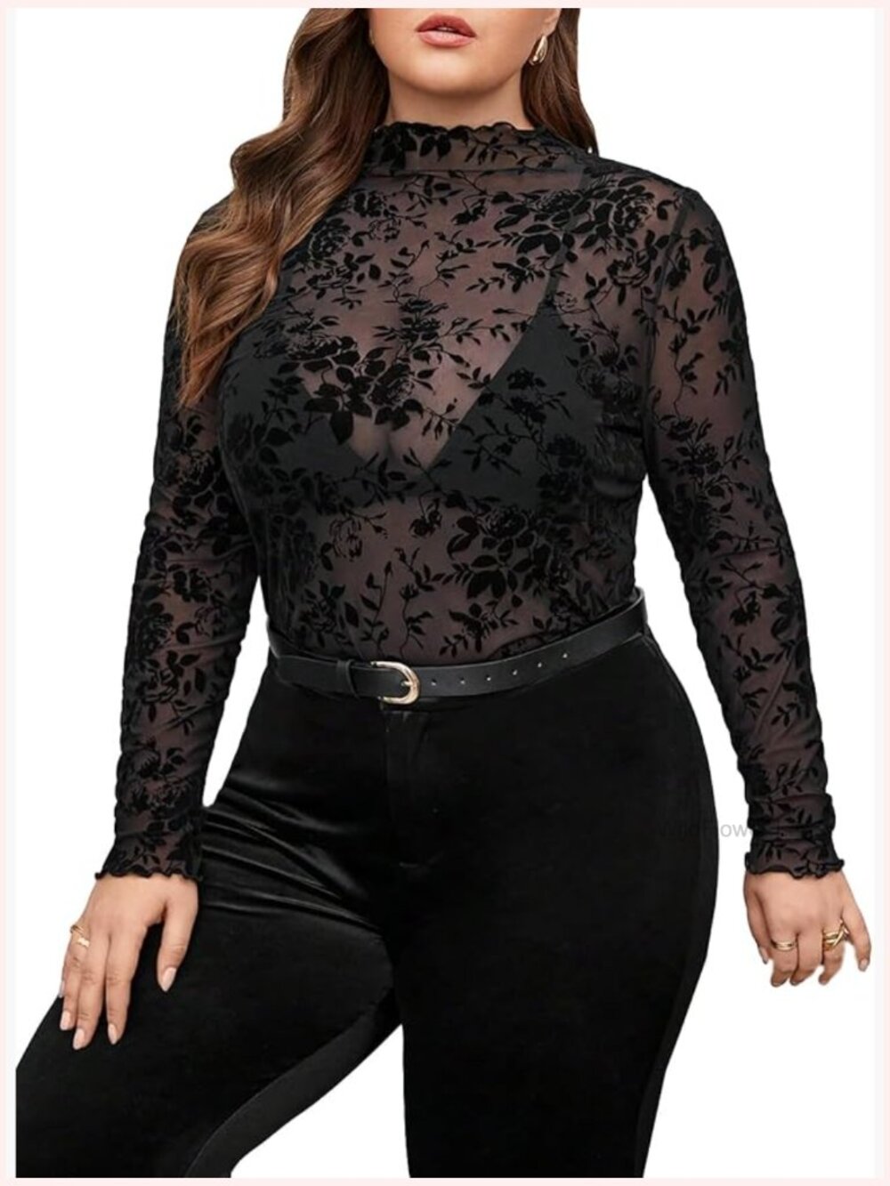 Plus Size Floral Lace Mock Neck Long Sleeve Mesh Top